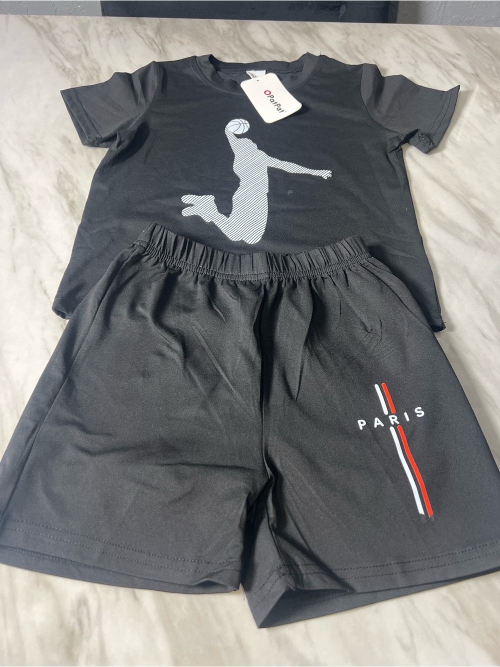 PatPat Black Paris Athletic Shorts with Red & White Stripe